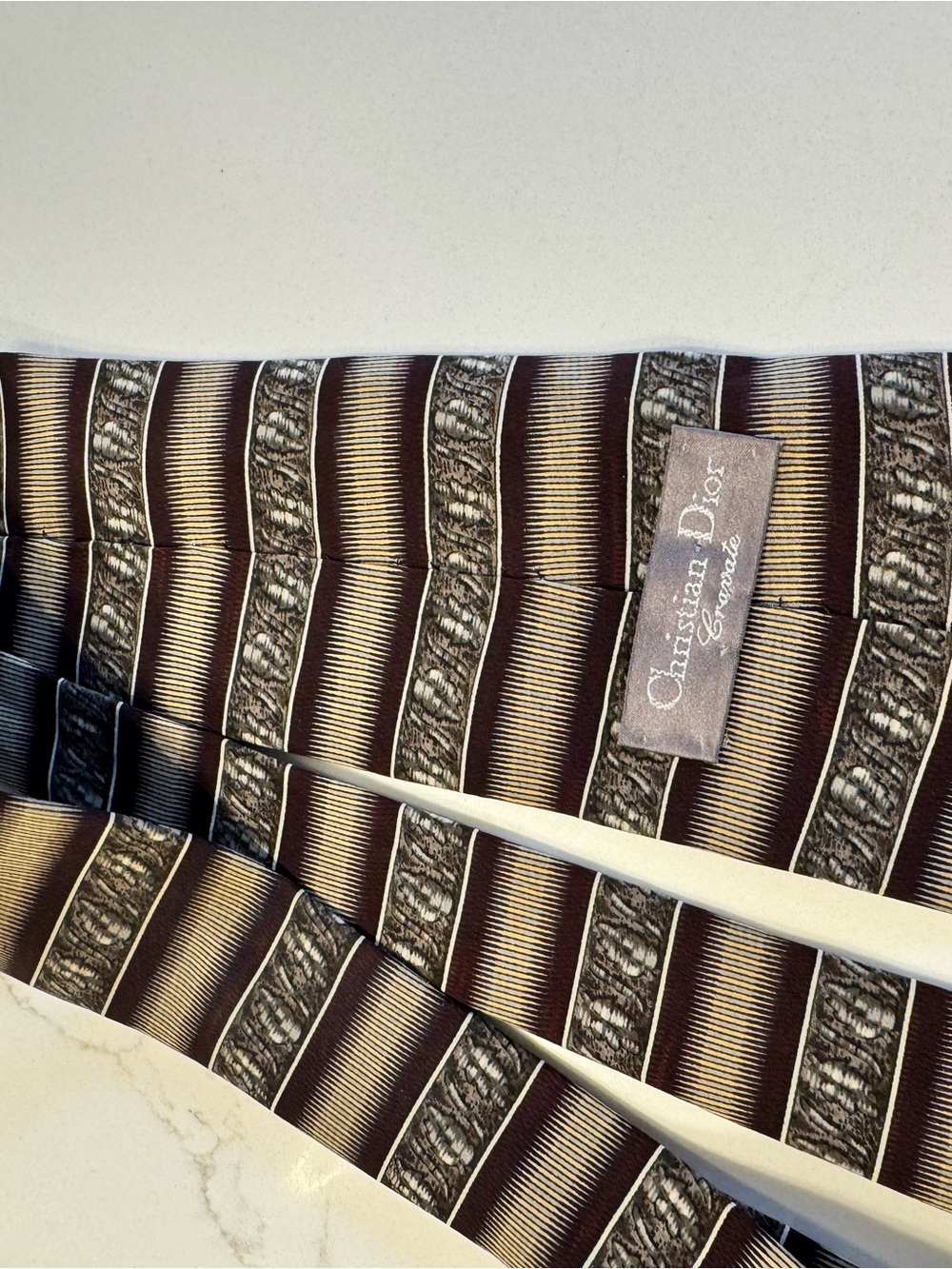 Dior Brown, Cream and Gray Striped Silk Tie